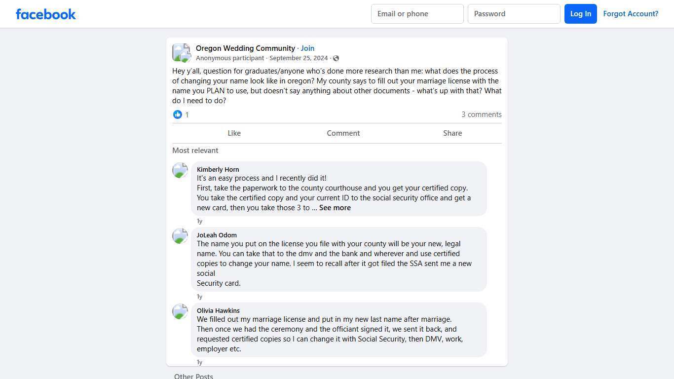 Oregon Wedding Community | Hey y’all, question for graduates/anyone who’s done more research than me: what does the process of changing your name look like in oregon | Facebook