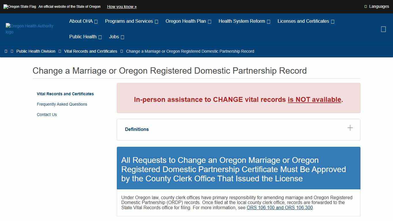 Oregon Health Authority : Change a Marriage or Oregon Registered Domestic Partnership Record : Vital Records and Certificates : State of Oregon