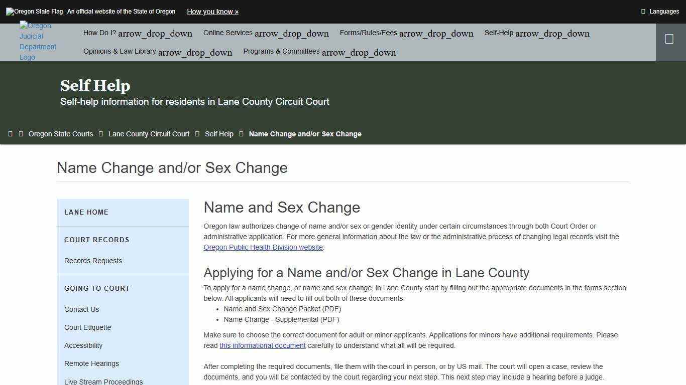 Oregon Judicial Department : Name Change and/or Sex Change : Self Help : State of Oregon